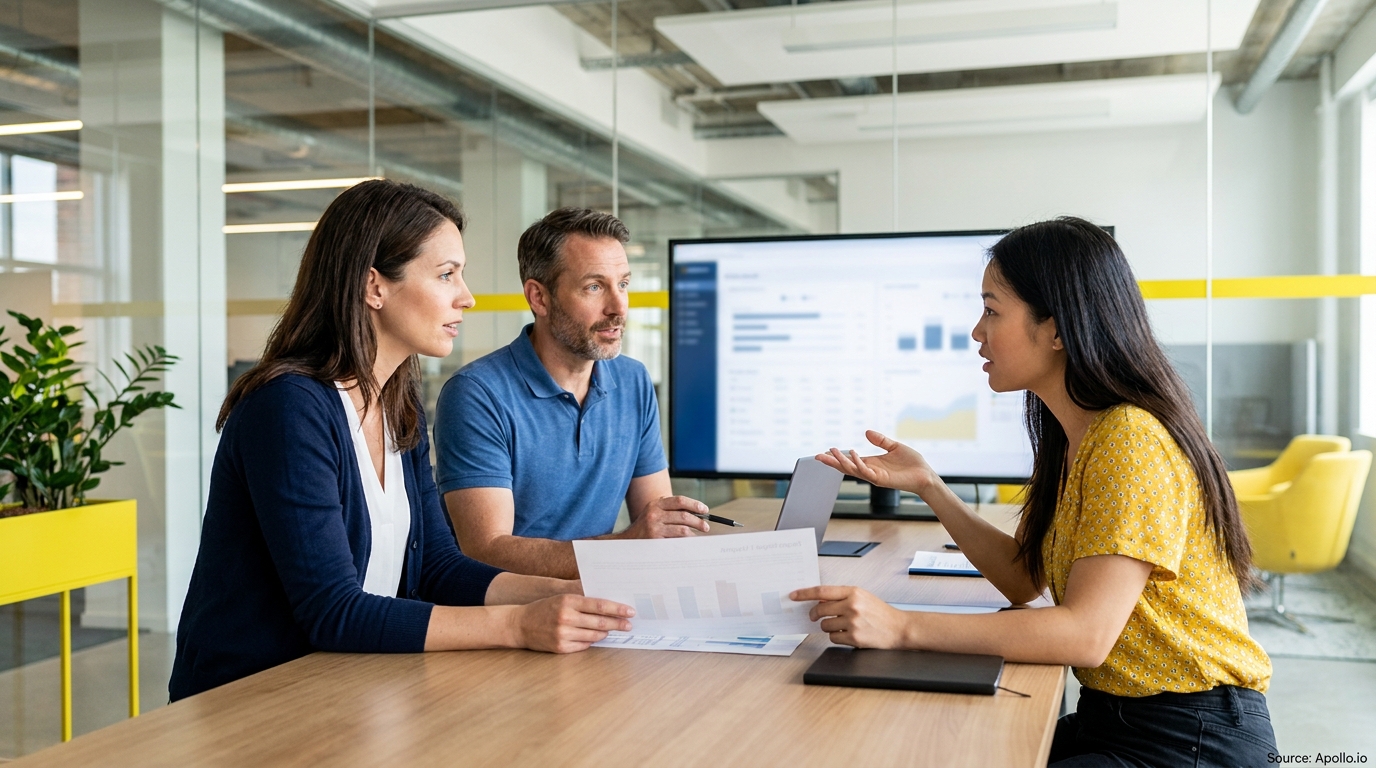 Three professionals discuss data at a table in a modern office with a large screen.