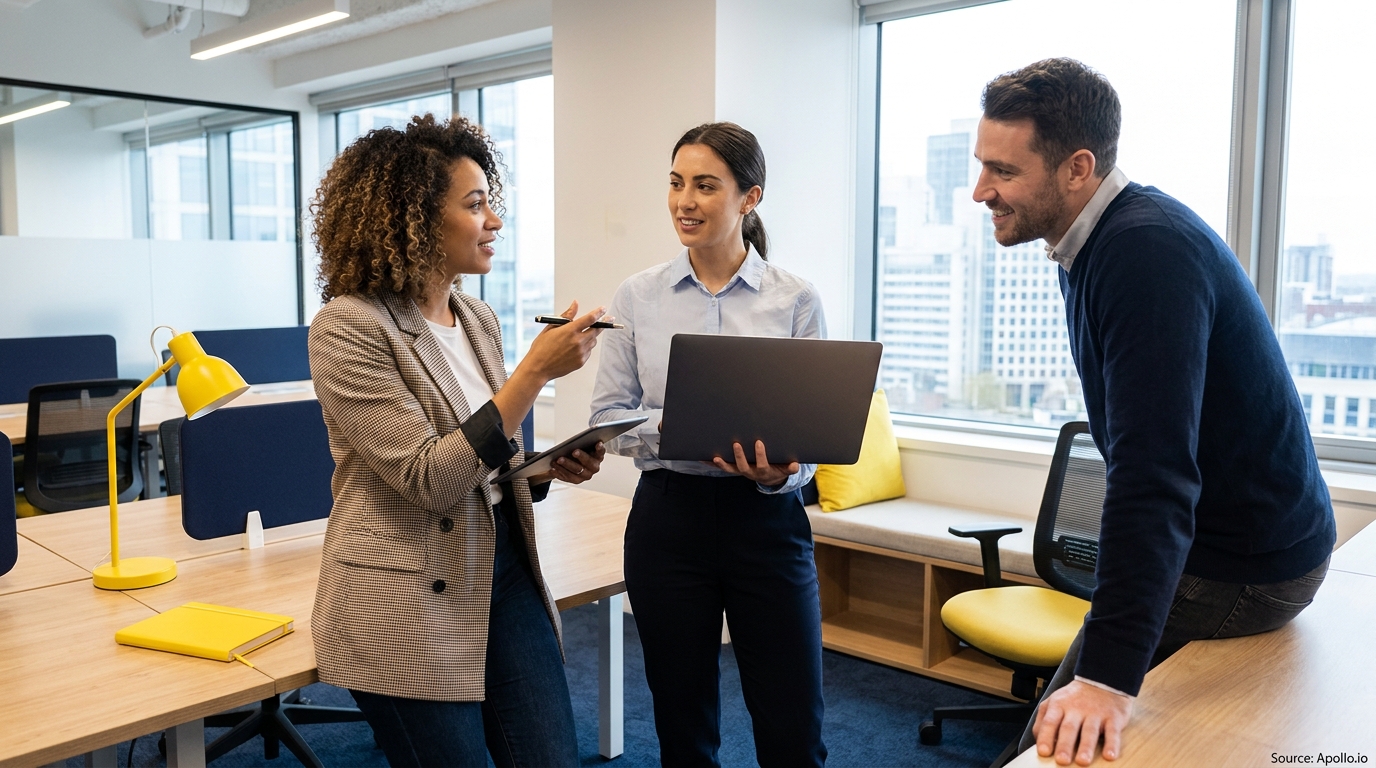 Three colleagues discuss a tablet and laptop in a bright modern office.