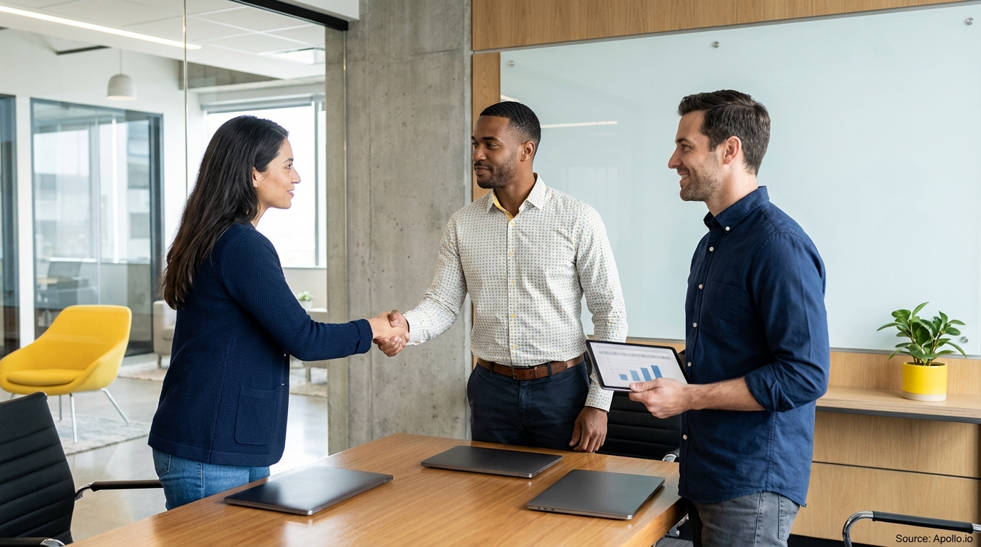 Two colleagues shake hands at a modern office table, a third observing with a tablet.