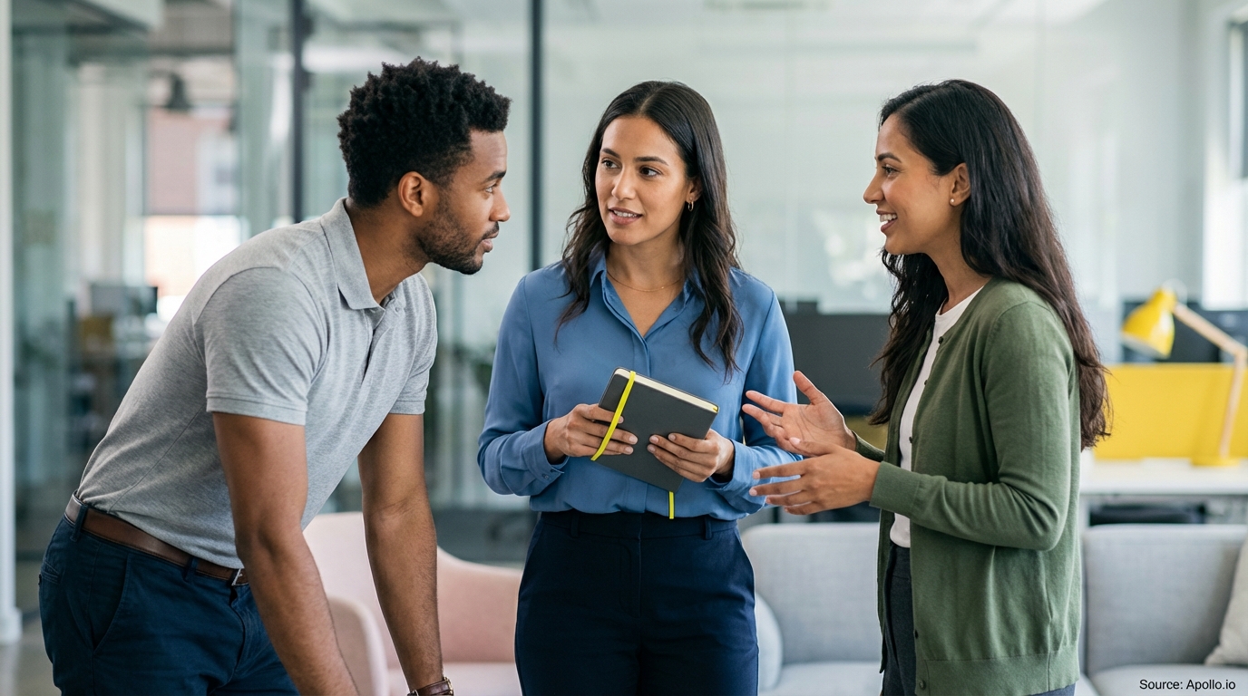 Three colleagues discuss in a modern office, one holding a notebook, another gesturing.