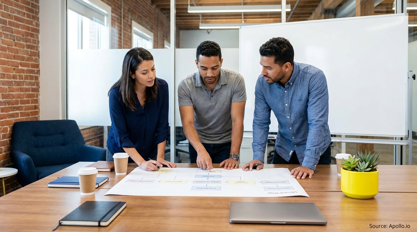 Three colleagues review a process diagram on a table in a modern office.