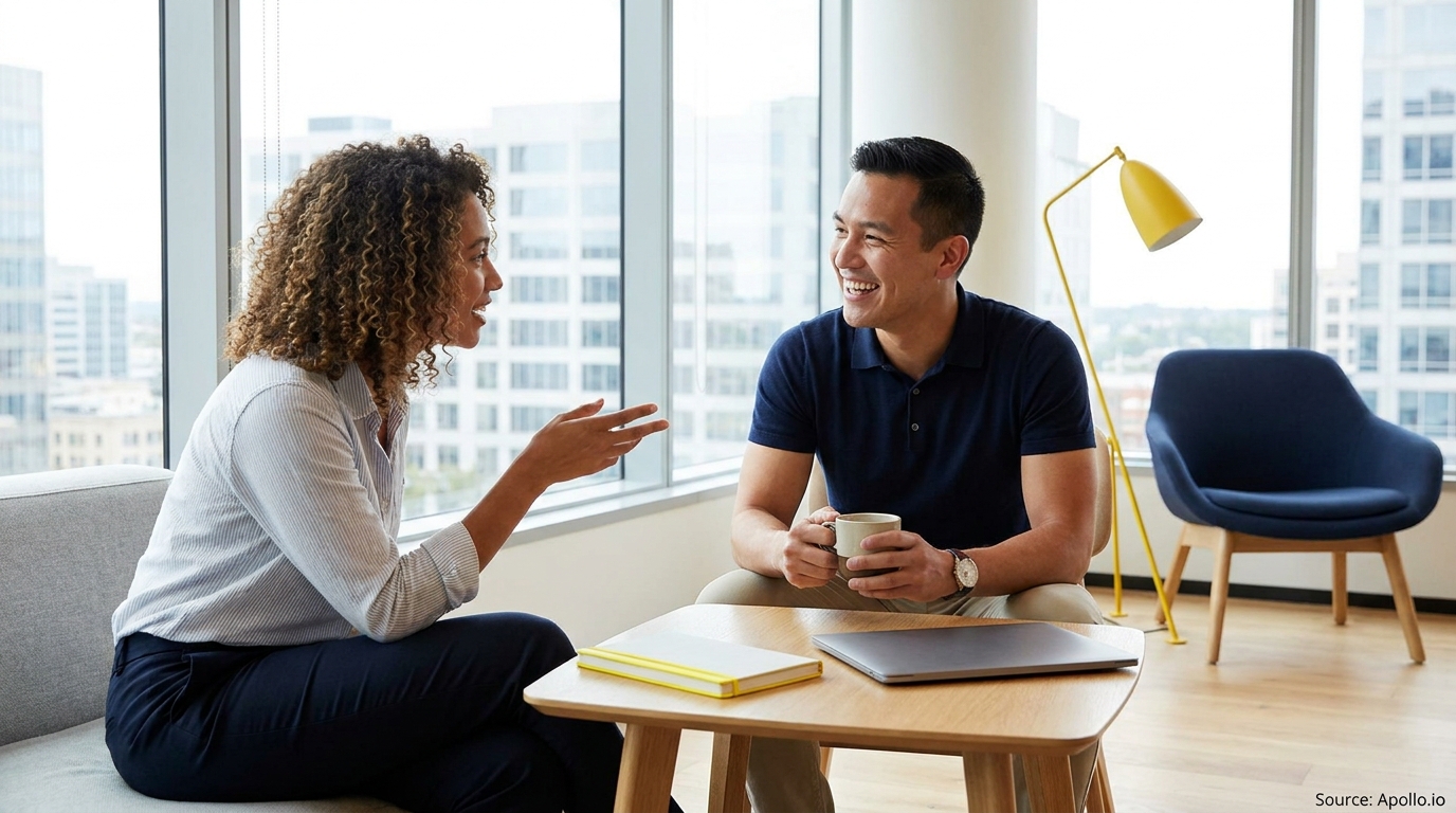 Two professionals talk and smile in a bright office lounge area.