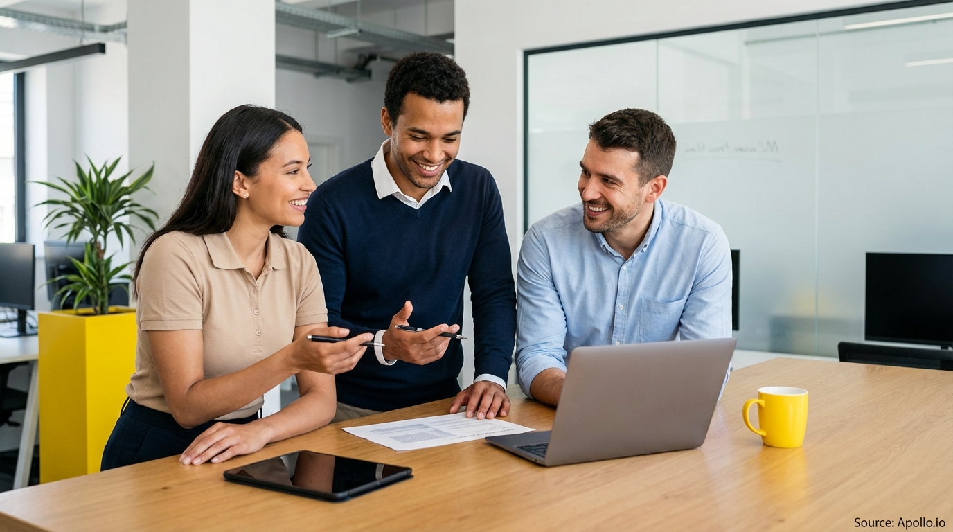 Three business professionals discuss documents and a laptop at a modern office table.