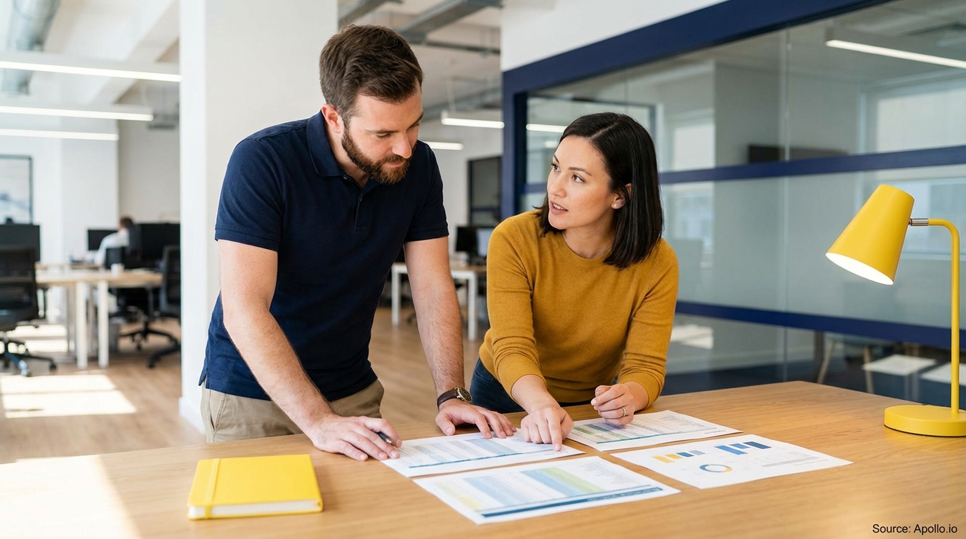 Two colleagues discuss documents with charts on an office table with a yellow lamp.