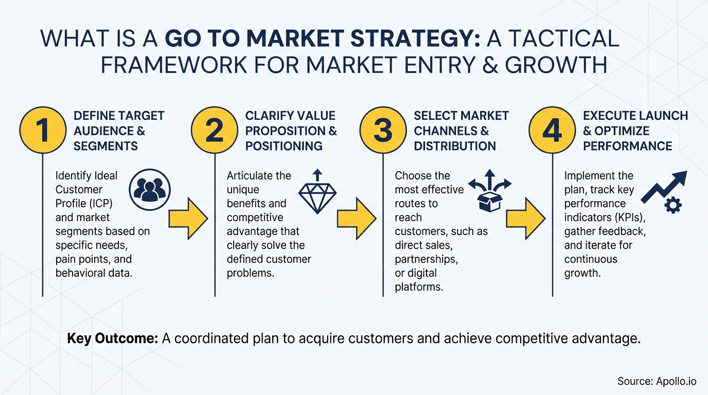 A four-step go-to-market strategy flowchart with descriptions and corresponding icons.