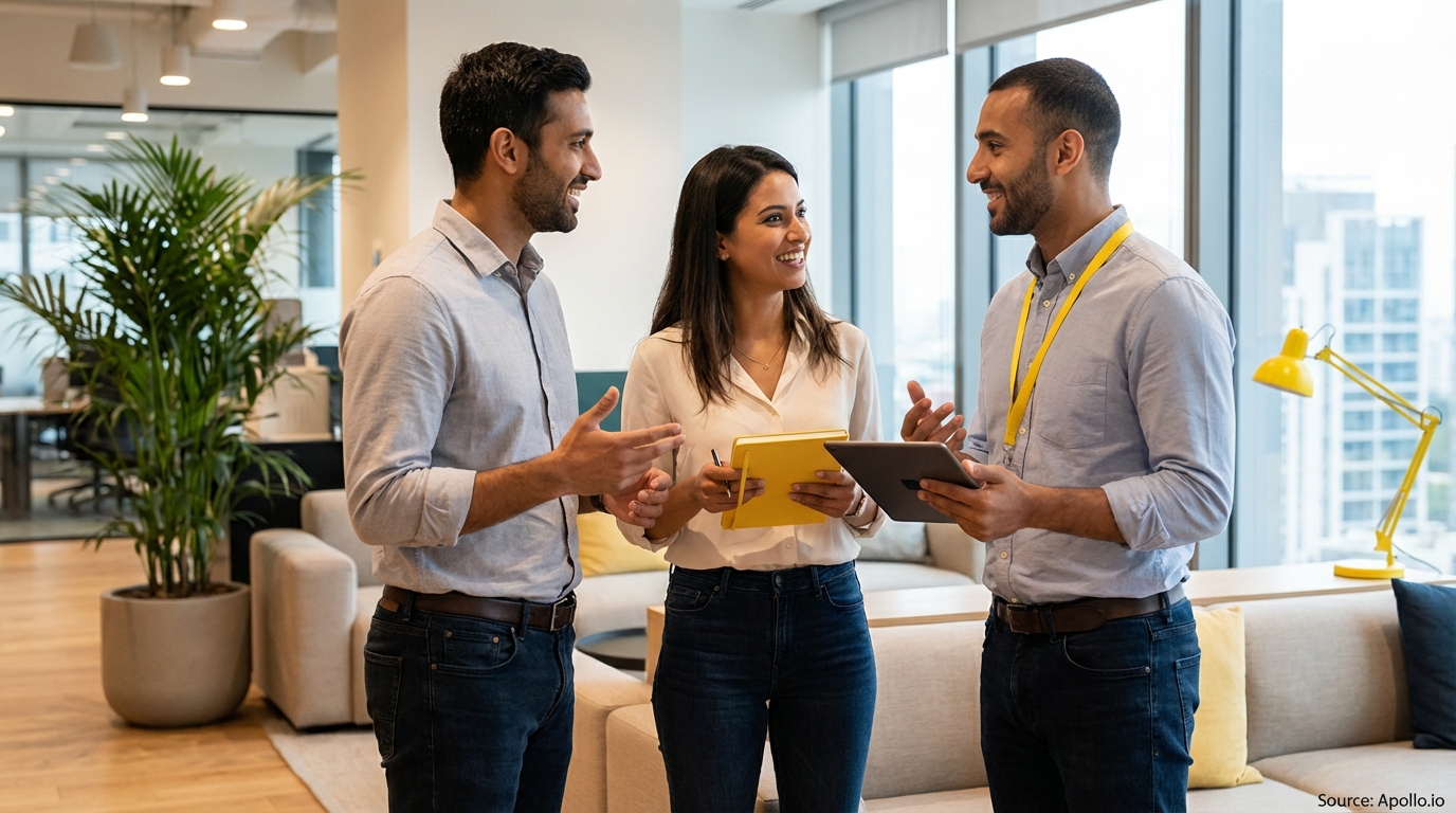 Three smiling colleagues discuss ideas and gesture, holding a tablet and notebook, in a modern office.