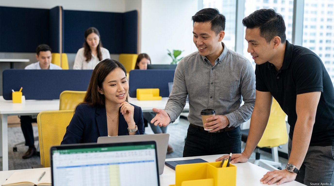 Three colleagues collaborate on a laptop in a bright, modern office environment.