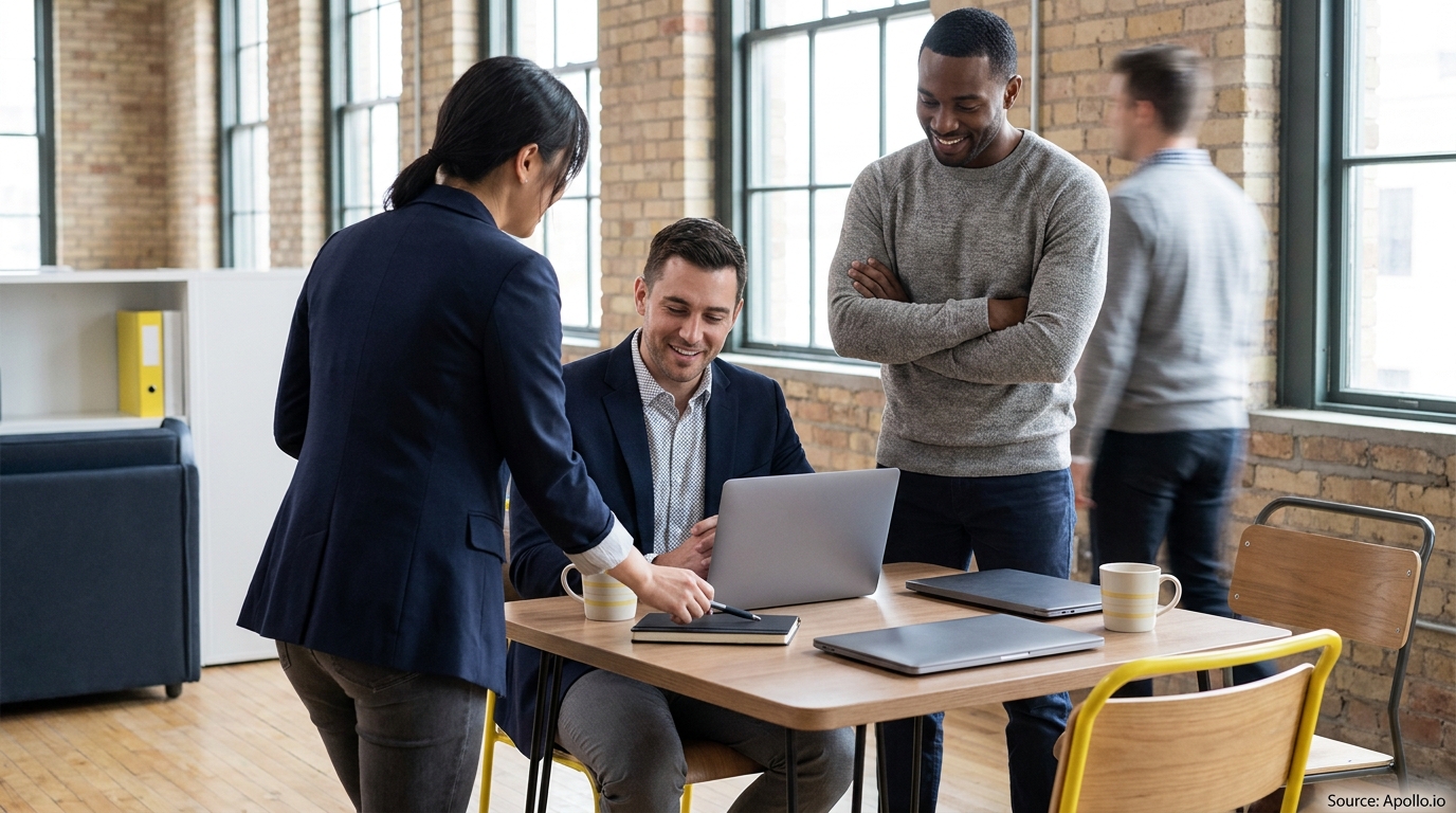 Three business professionals gather around a laptop in a modern office, while one walks by.