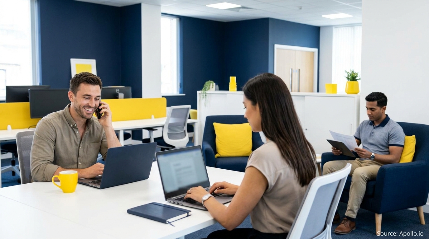 Three professionals working in a modern office; one on the phone, one typing, one reviewing documents.