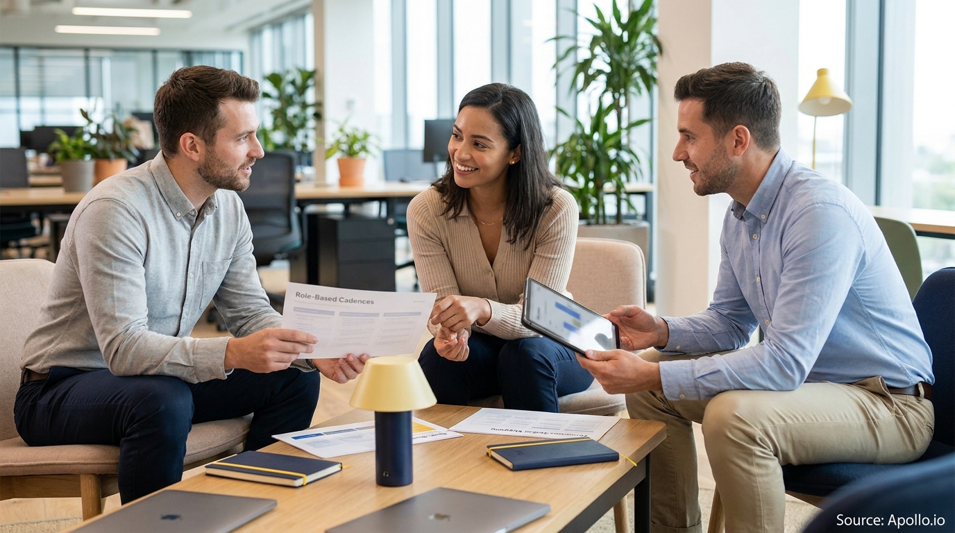 Three colleagues discuss documents and a tablet around a coffee table in a modern office.