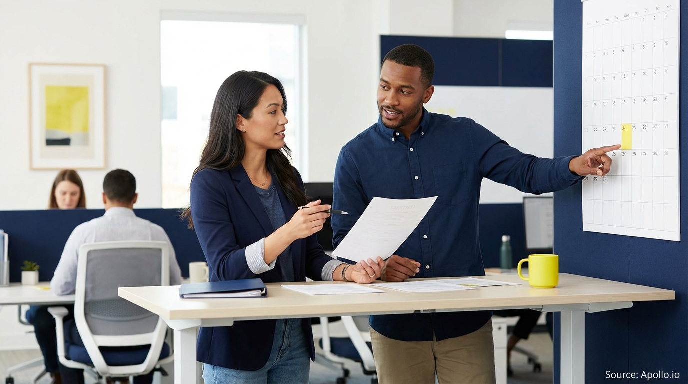 Two colleagues discuss a document while pointing at a wall calendar in an office.