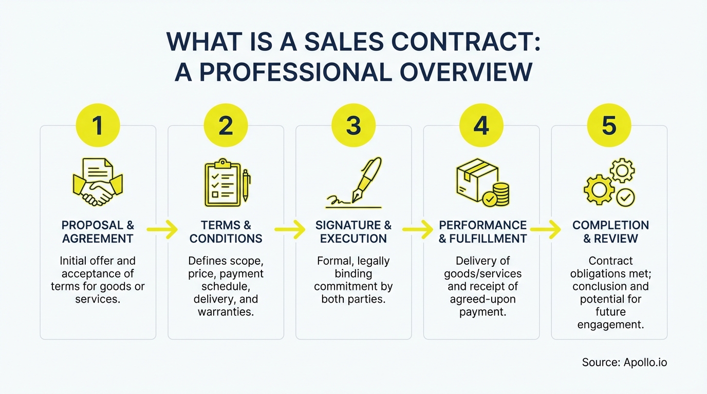 A five-step flowchart illustrates the sales contract process with icons and descriptive text.