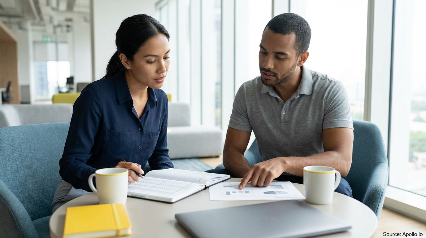 Two colleagues discuss documents with charts and a laptop at an office table.