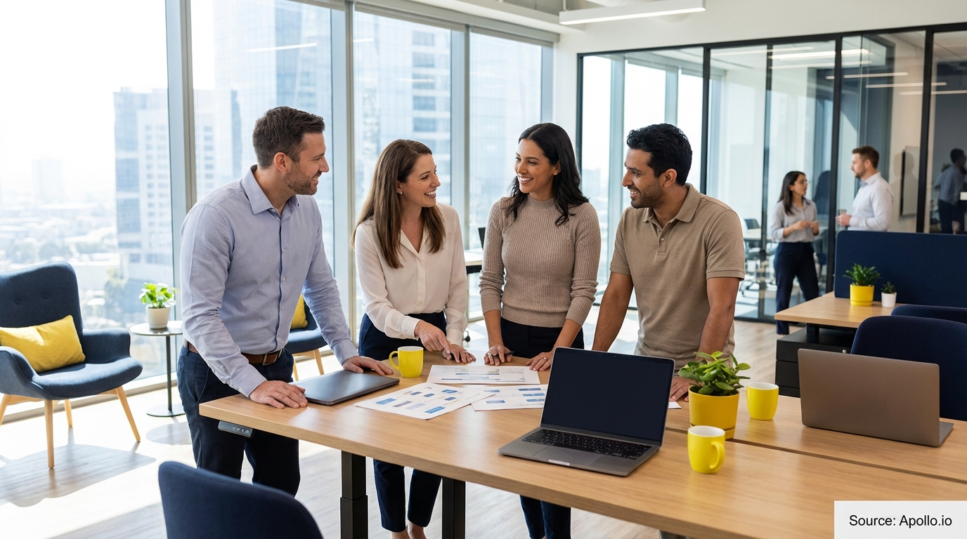 Sales team collaborating in a modern open-plan office in a sales team meeting