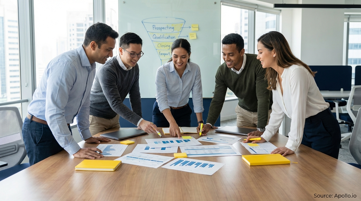 Sales professionals discussing strategy around a conference table in a sales team meeting