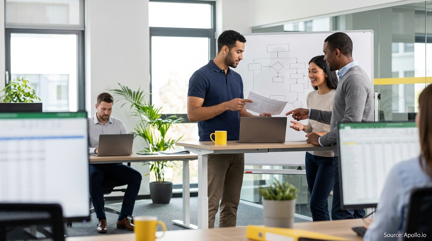 Sales team collaborating in a modern open-plan office in a sales team meeting