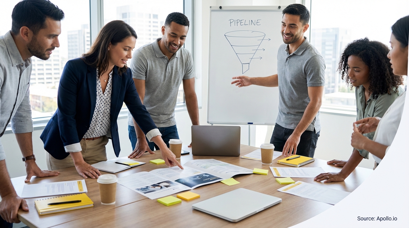 Sales professionals discussing strategy around a conference table in a sales team meeting