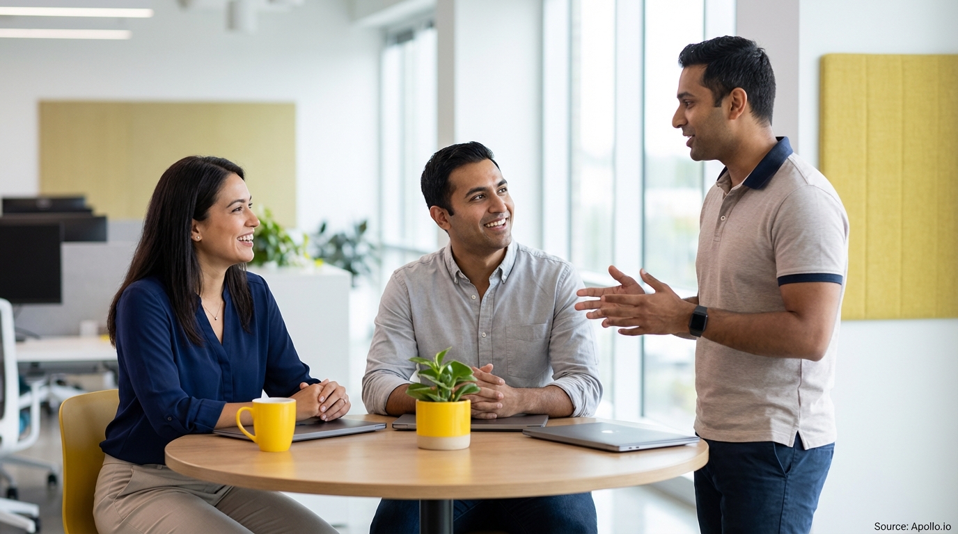 Three smiling professionals converse around a table in a modern office.
