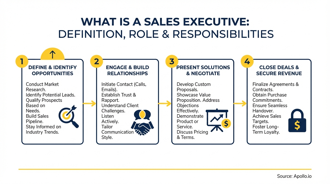 Infographic showing four steps of a sales executive's role: identifying opportunities, building relationships, presenting solutions, and closing deals.