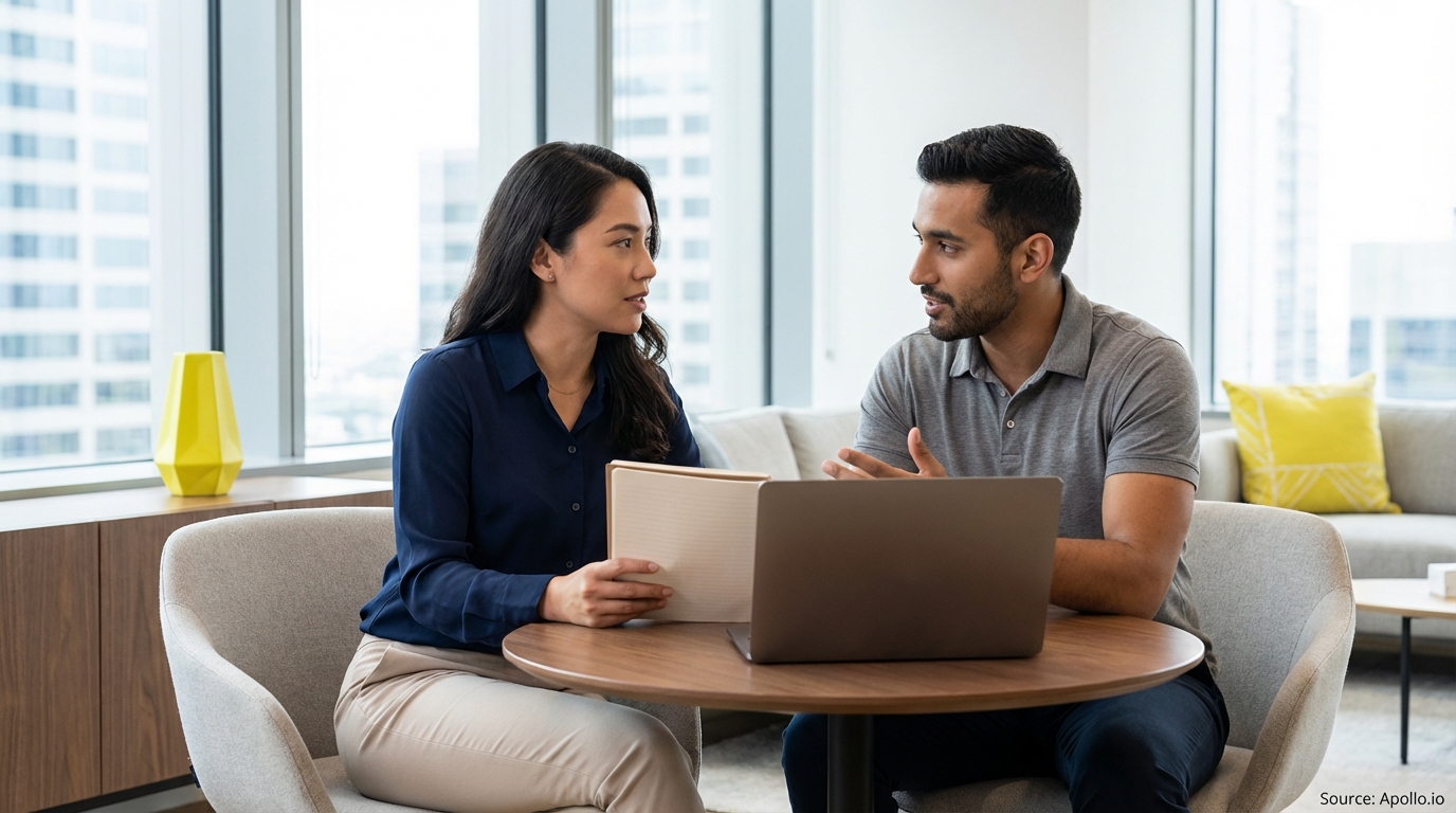 Two professionals discuss at a table with a laptop and notebook in a modern office with city views.