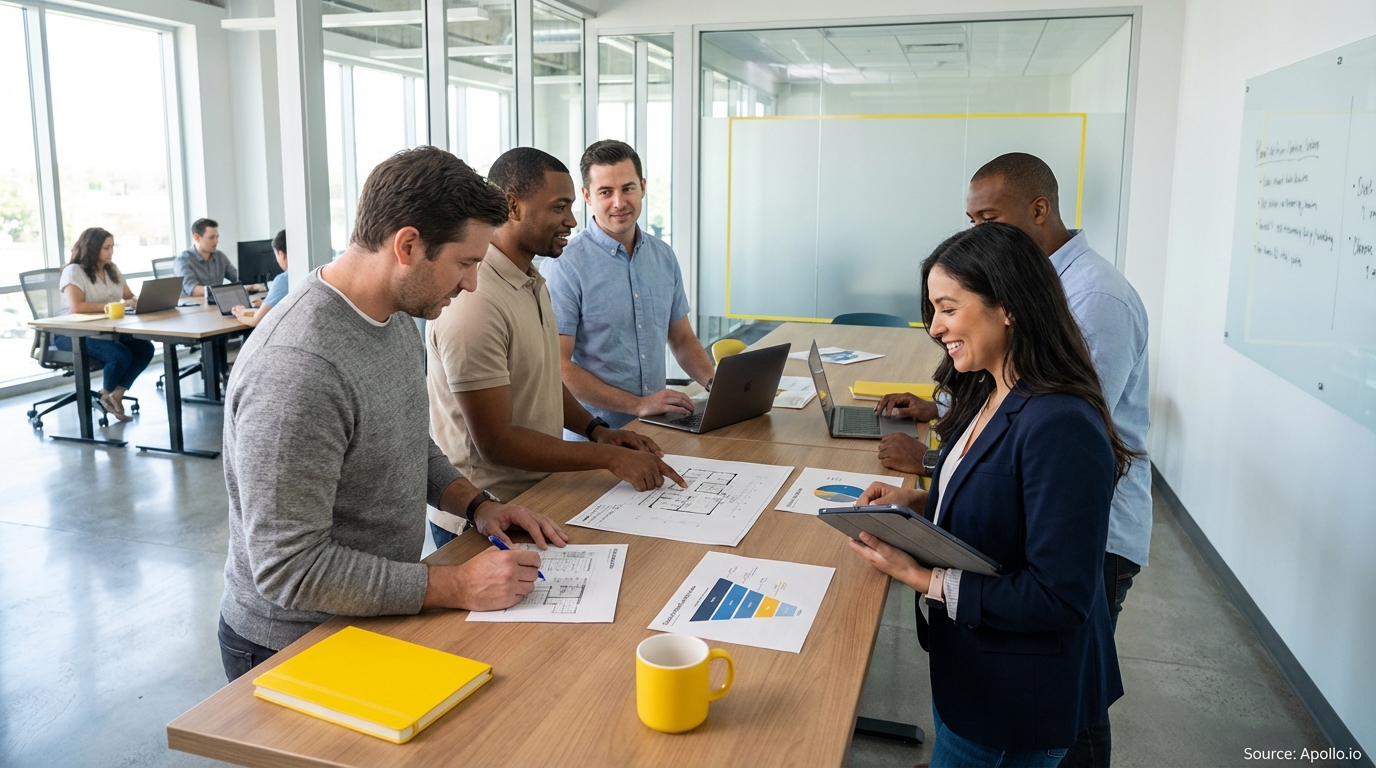 Sales team collaborating in a modern open-plan office in a sales team meeting