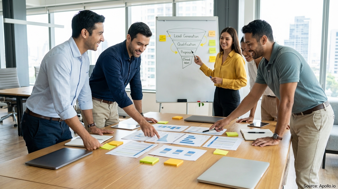 Sales professionals discussing strategy around a conference table in a sales team meeting