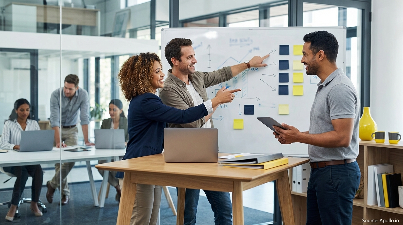 Sales team collaborating in a modern open-plan office reviewing lead generation strategies