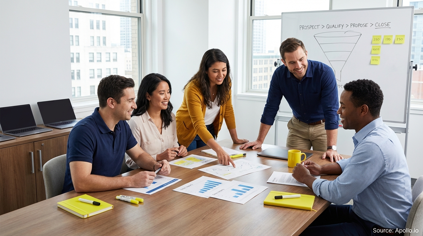 Sales professionals discussing strategy around a conference table reviewing lead generation strategies
