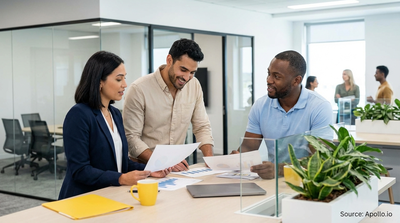 Sales team collaborating in a modern open-plan office in a team planning session