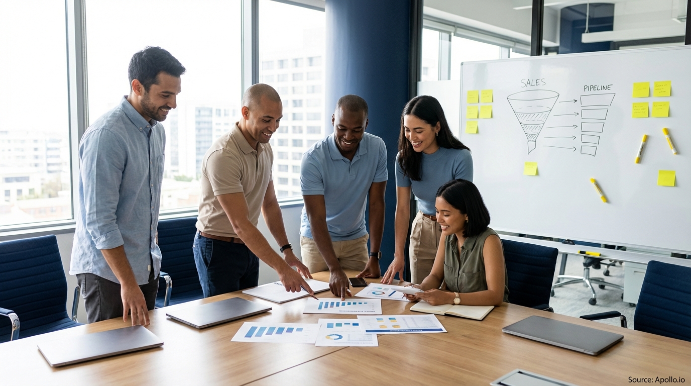Sales professionals discussing strategy around a conference table in a team planning session