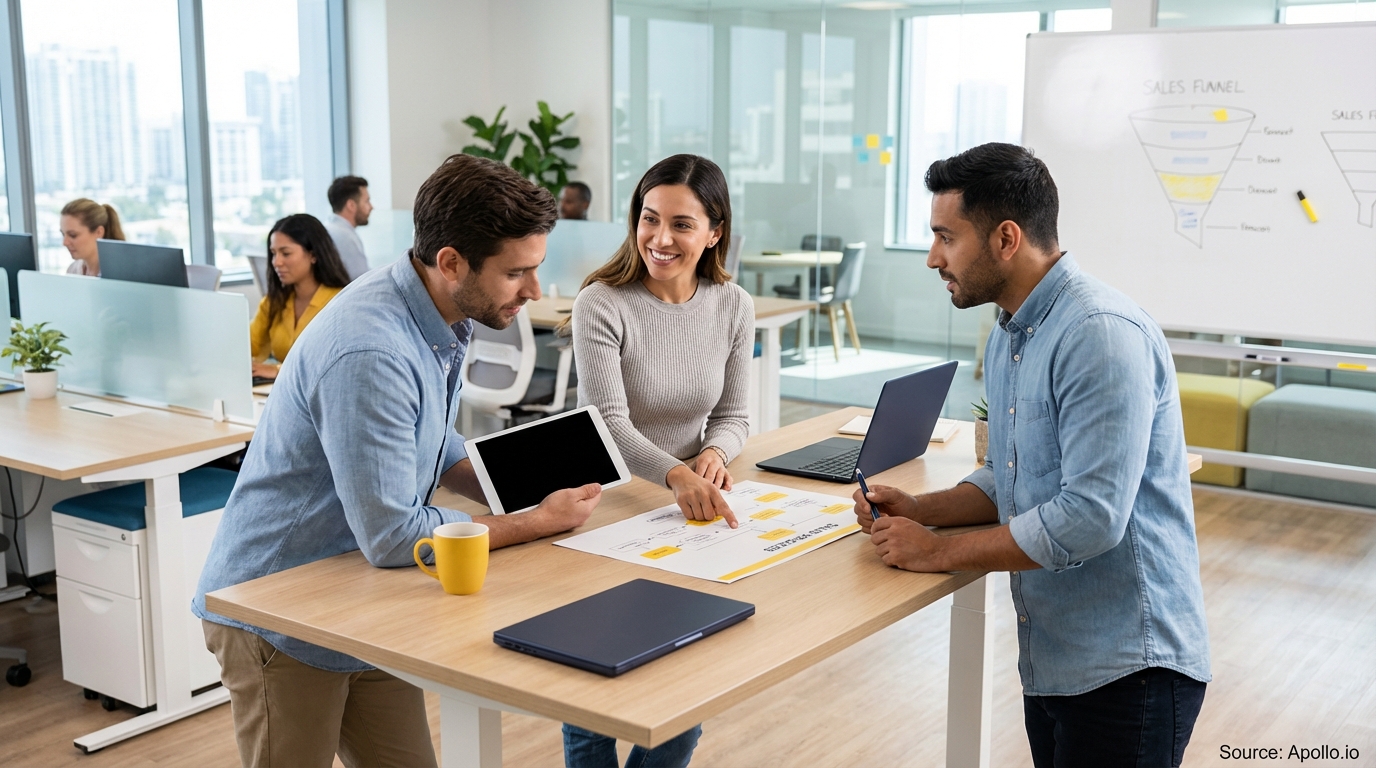 Sales team collaborating in a modern open-plan office analyzing sales pipeline