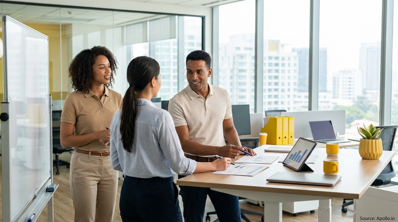 Sales team collaborating in a modern open-plan office in a sales team meeting