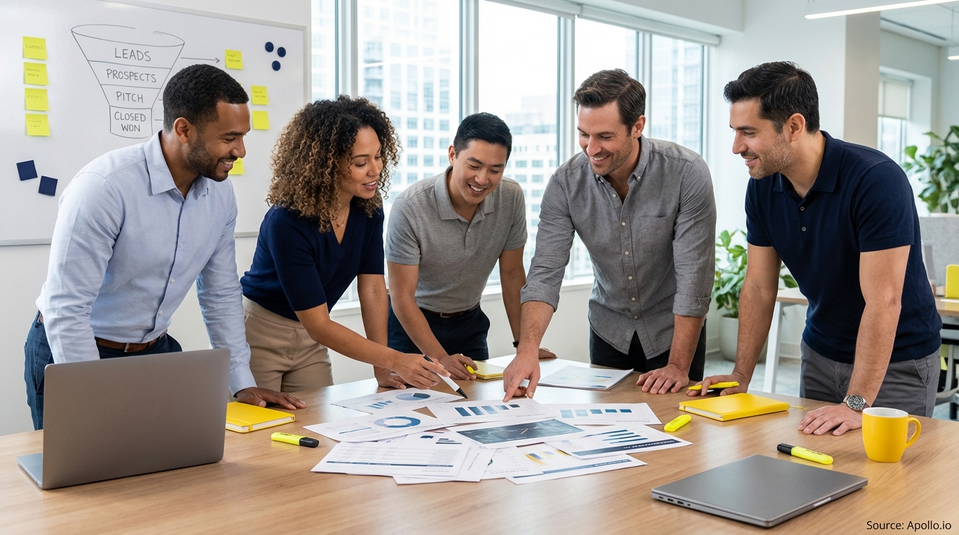 Sales professionals discussing strategy around a conference table in a sales team meeting