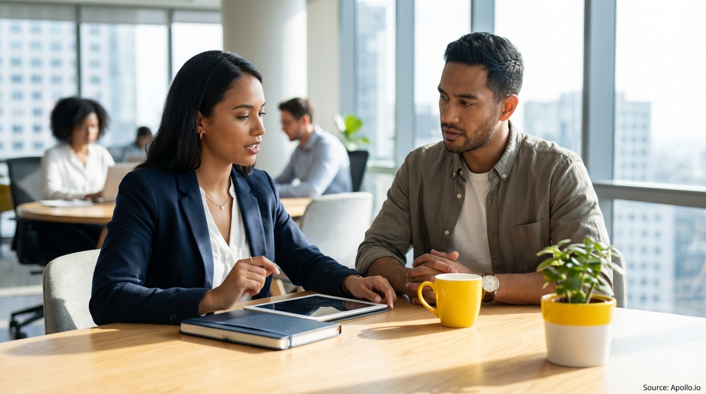 Two colleagues discuss using a tablet at a bright office desk with city views.