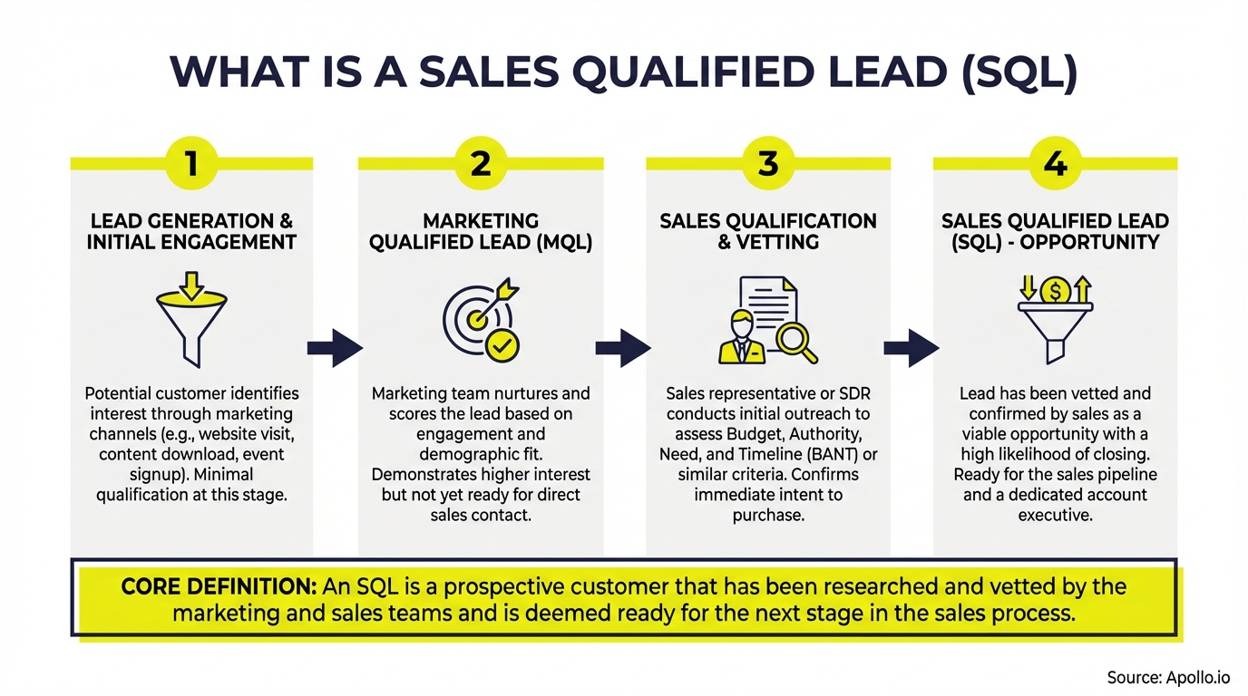 Four-step diagram explaining the progression from lead generation to a Sales Qualified Lead (SQL).