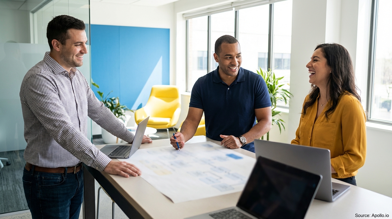 Sales team collaborating in a modern open-plan office in a sales team meeting