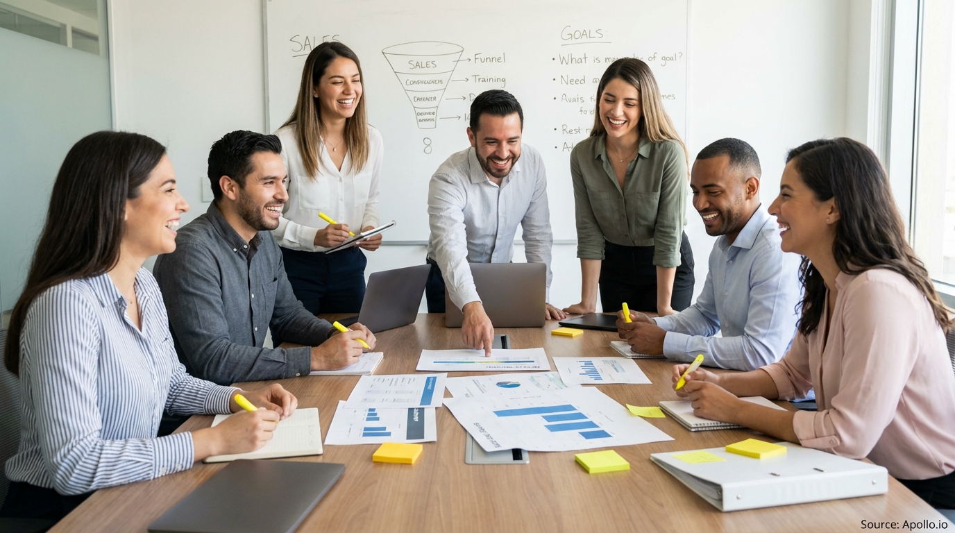 Sales professionals discussing strategy around a conference table in a sales team meeting