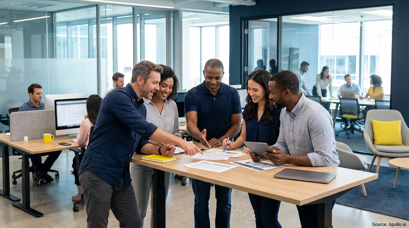 Sales team collaborating in a modern open-plan office in a sales team meeting