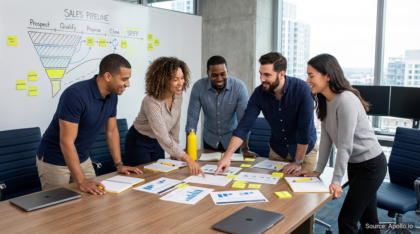 Sales professionals discussing strategy around a conference table in a sales team meeting