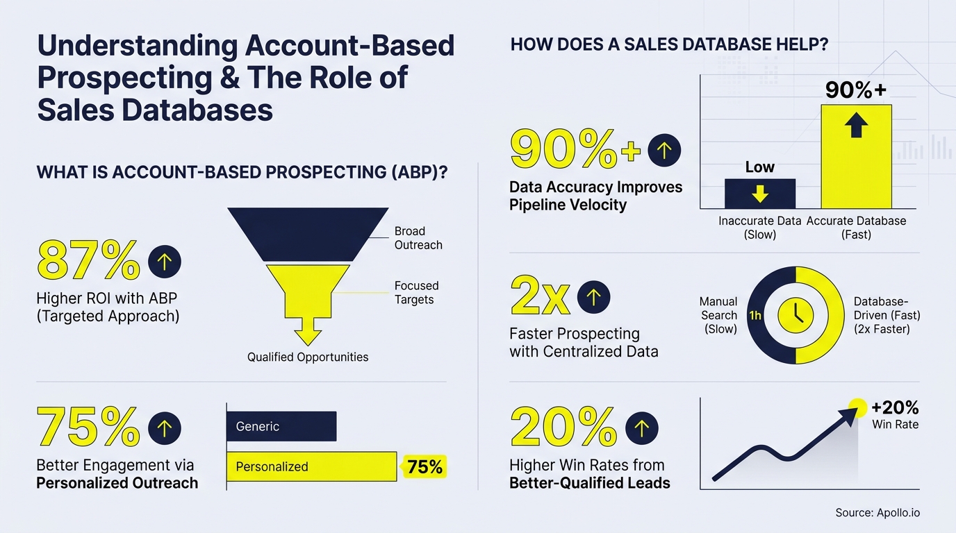 Infographic detailing account-based prospecting benefits and how sales databases improve sales processes with statistics.