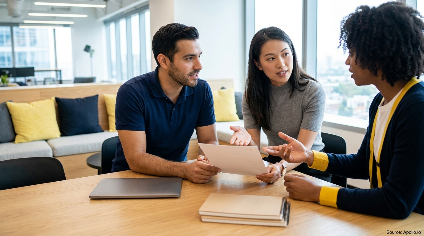Three diverse professionals discuss documents at a modern office table.