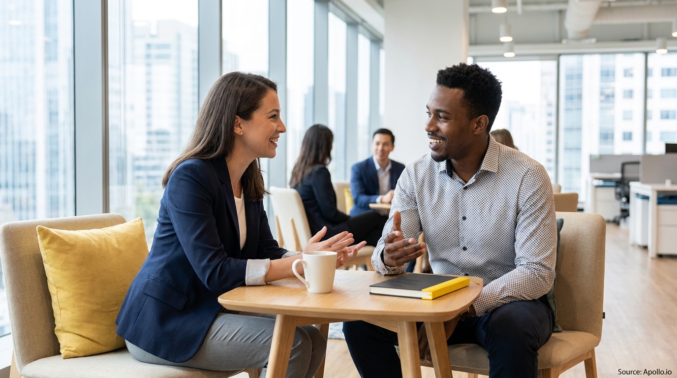 Four diverse professionals chat and smile in a bright modern office.
