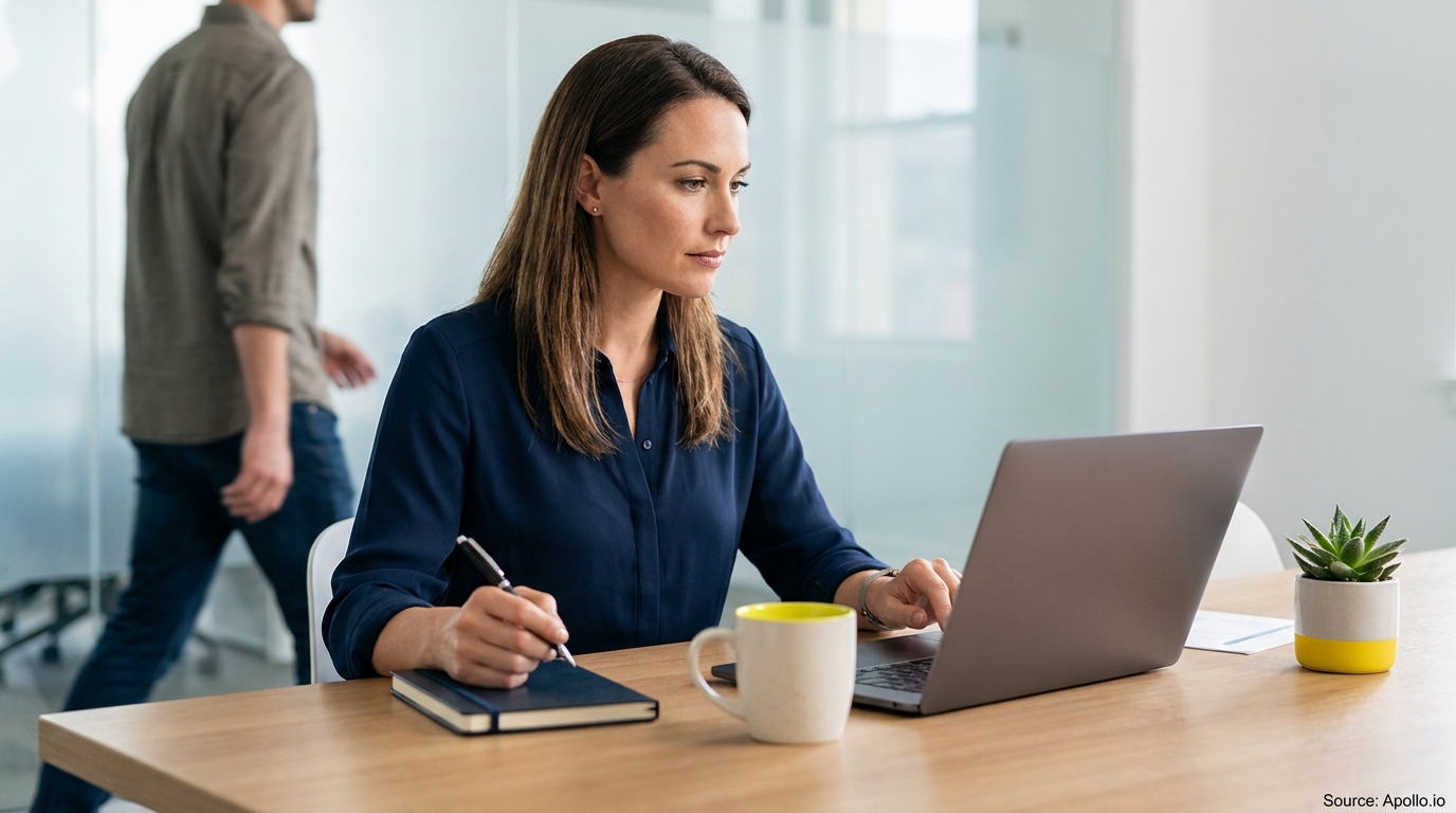 A woman uses a laptop and writes at a modern office desk, while a man walks by.