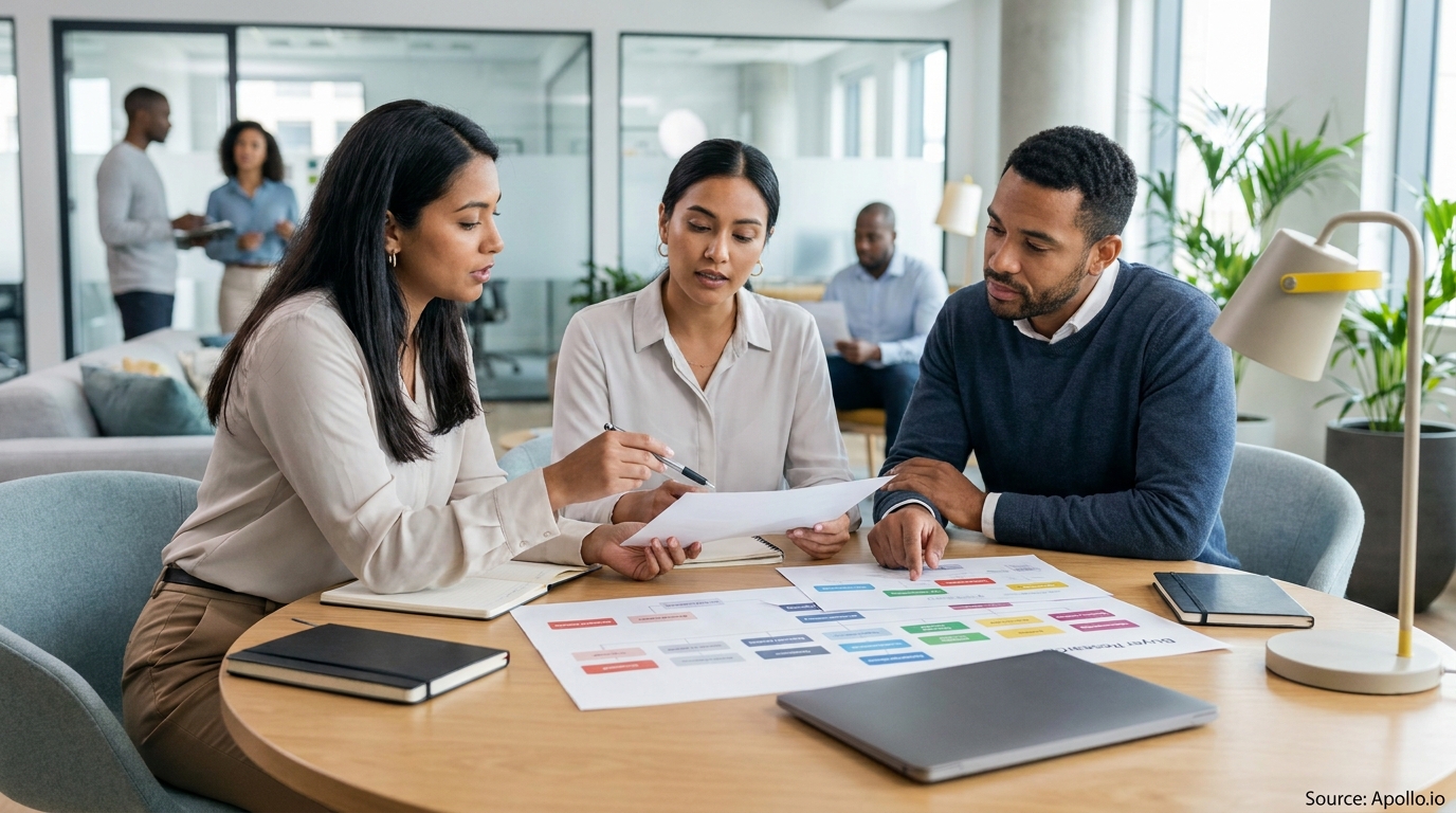 Three colleagues discuss a sales strategy chart and documents in a modern office.