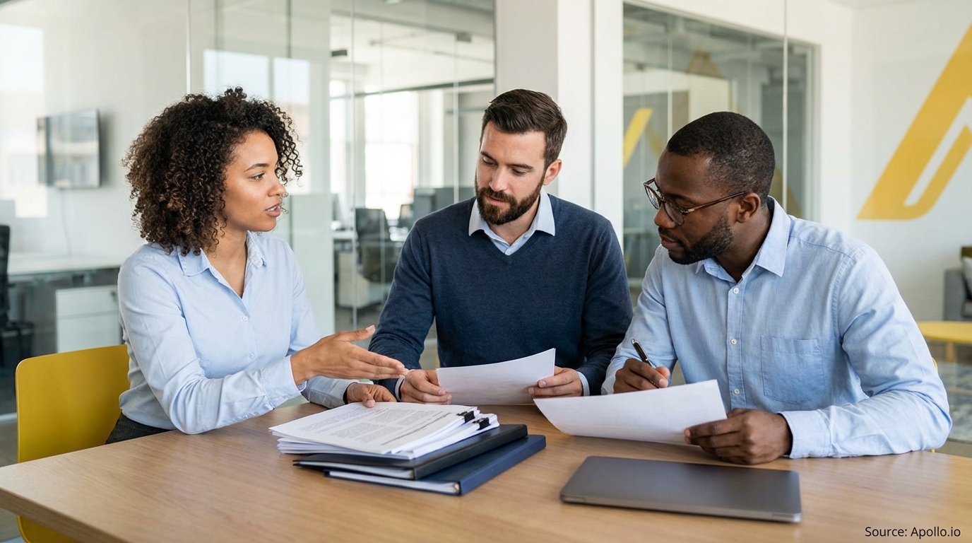 Three diverse professionals discussing documents at a modern office table.