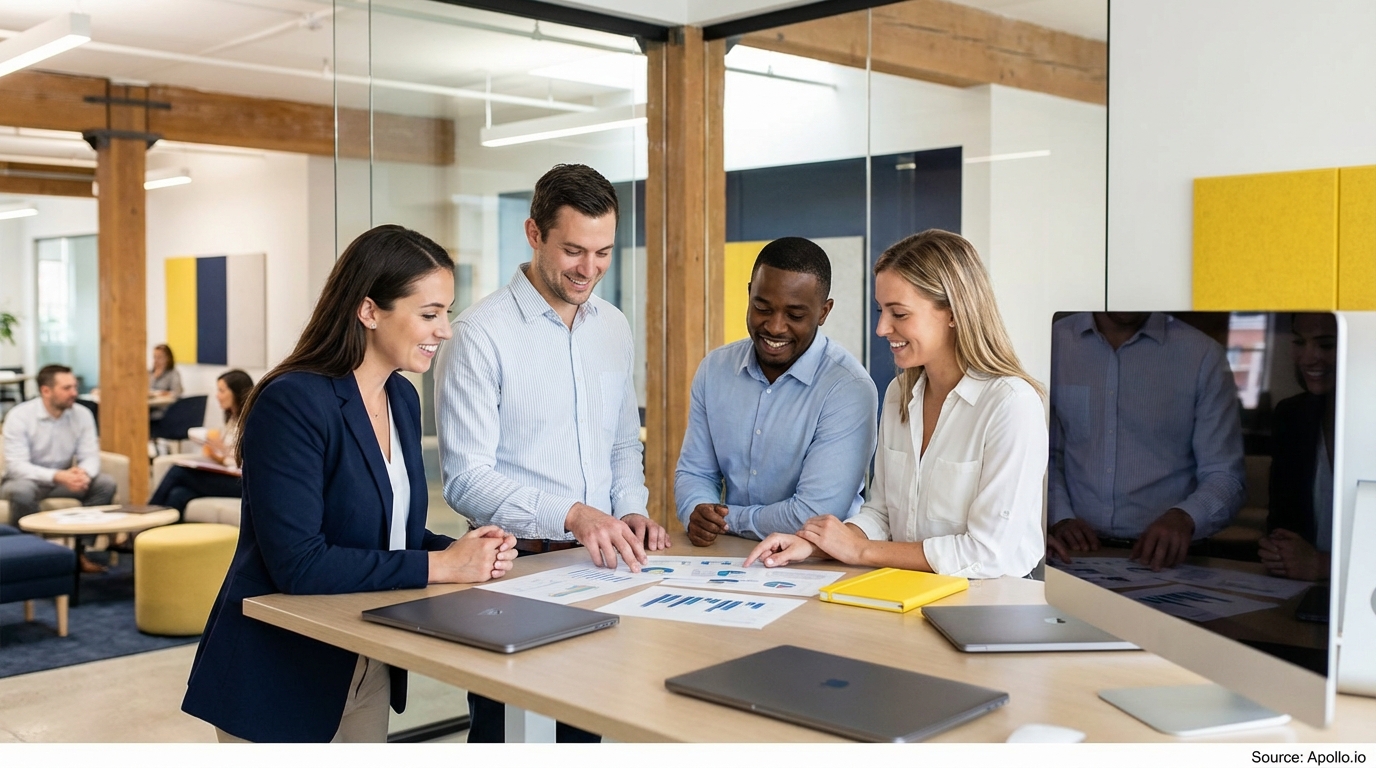 Sales team collaborating in a modern open-plan office in a sales team meeting