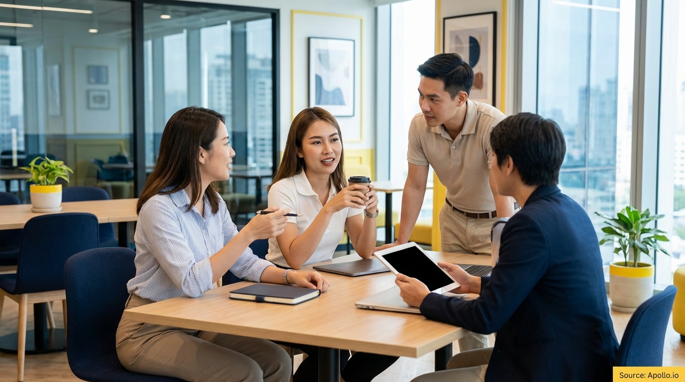 Four professionals discuss work at a modern office table with a tablet and laptops.