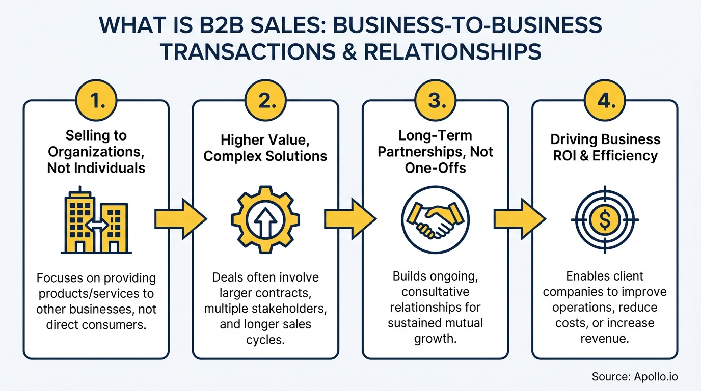 Infographic outlining four key characteristics of B2B sales, shown with icons and descriptive text.
