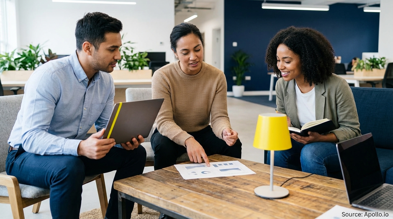 Three professionals discuss charts and take notes at a wooden table in a modern office.