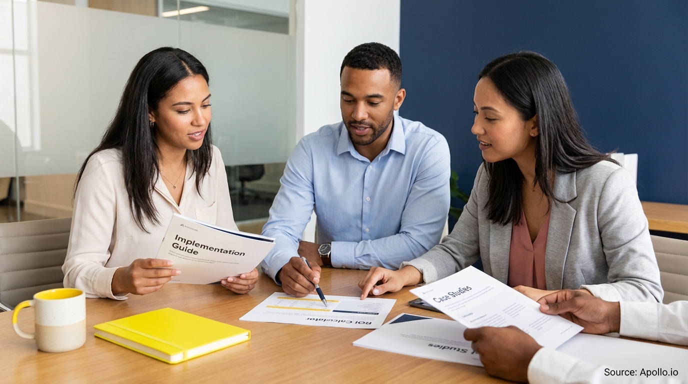 Four professionals review documents and discuss at a modern office table.
